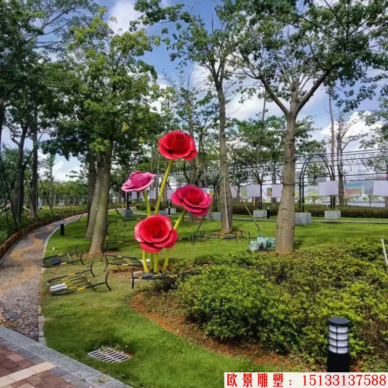 不銹鋼仿真玫瑰花雕塑，公園花朵雕塑