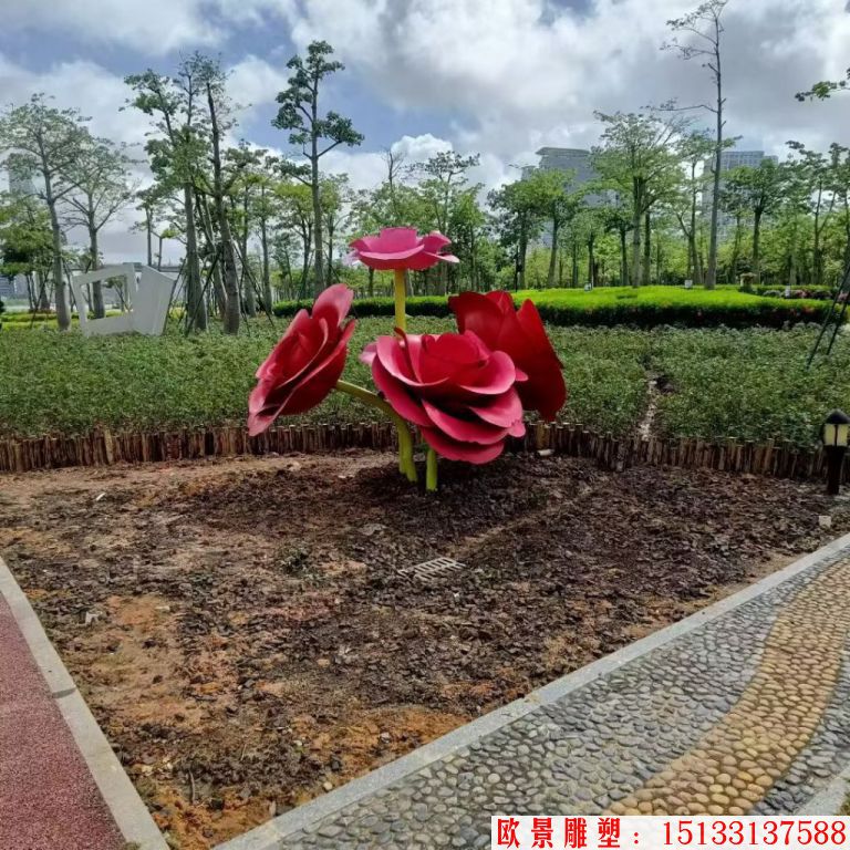 不銹鋼仿真玫瑰花雕塑，公園花朵雕塑1