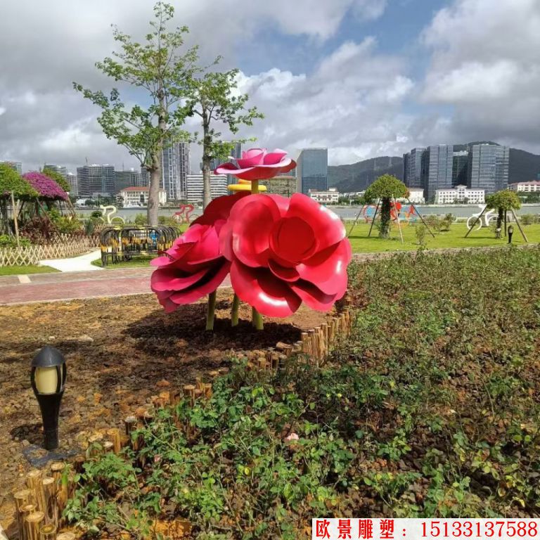 不銹鋼仿真玫瑰花雕塑，公園花朵雕塑2