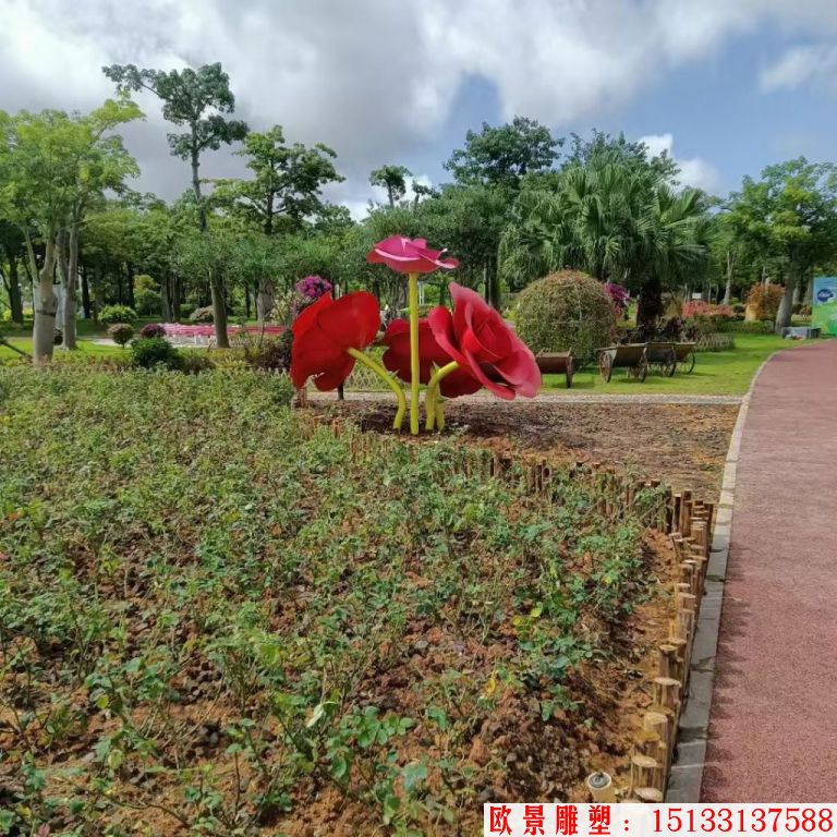 不銹鋼仿真玫瑰花雕塑，公園花朵雕塑4